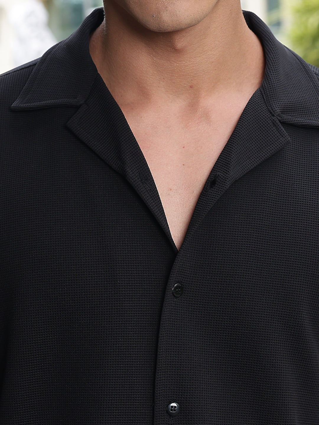 Black Relaxed Fit Textured Half Sleeves Shirt