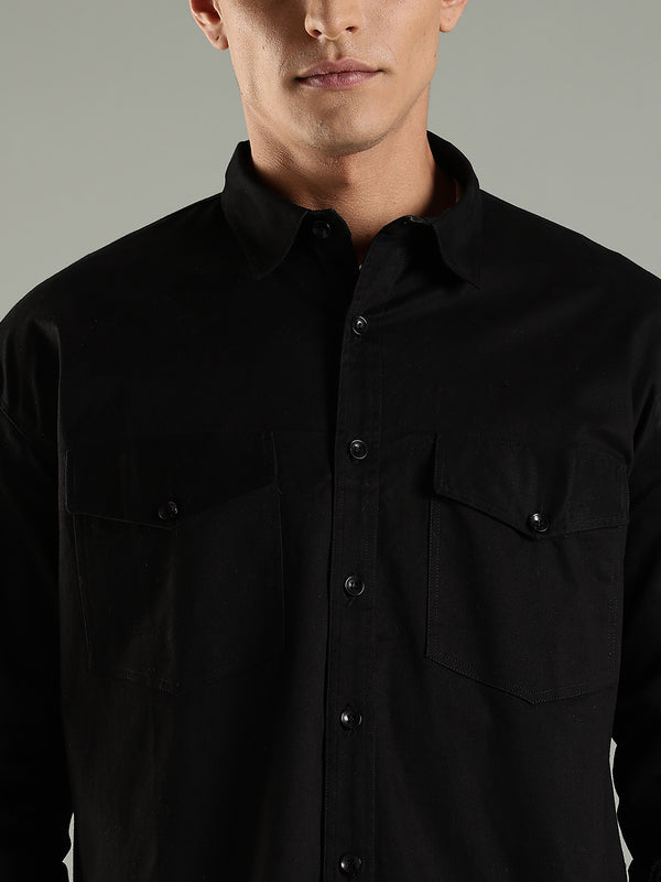 Utility Shirt Shacket & Straight Fit Cargo Pants Co-ord Set - Black