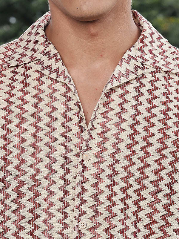 Retro Rust Zigzag Crochet Half Sleeve Shirt
