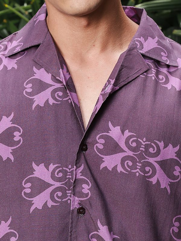 Deep Plum Print Relaxed Fit Half Sleeve Shirt