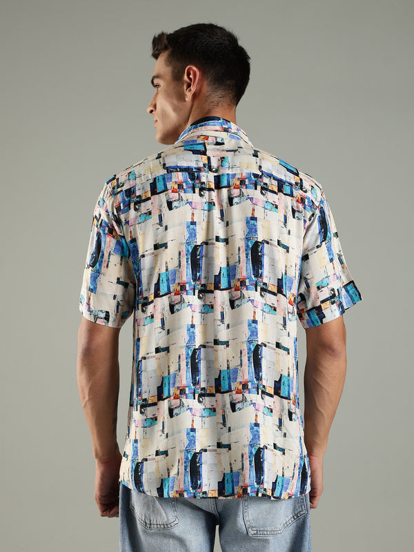 District Art Print Viscose Half Sleeves Relaxed Fit Shirt