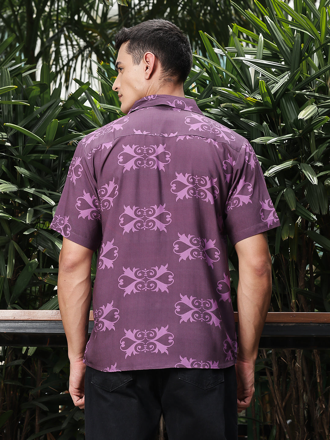 Deep Plum Print Relaxed Fit Half Sleeve Shirt
