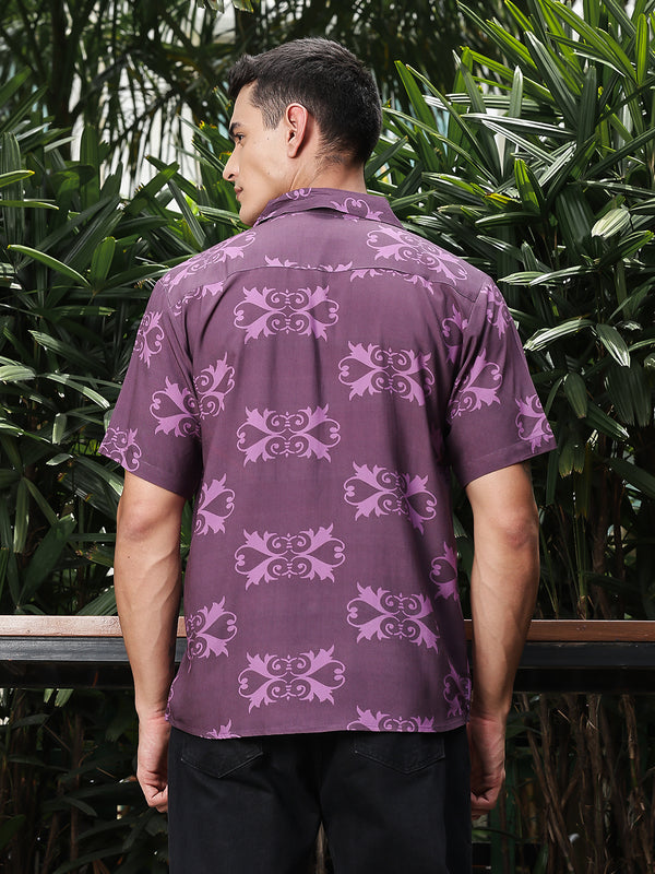 Deep Plum Print Relaxed Fit Half Sleeve Shirt