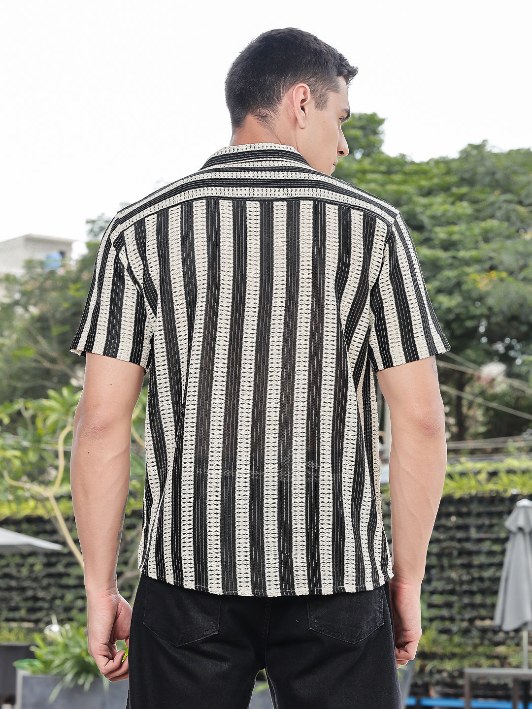 Crochet Stripe Half Sleeve Shirt