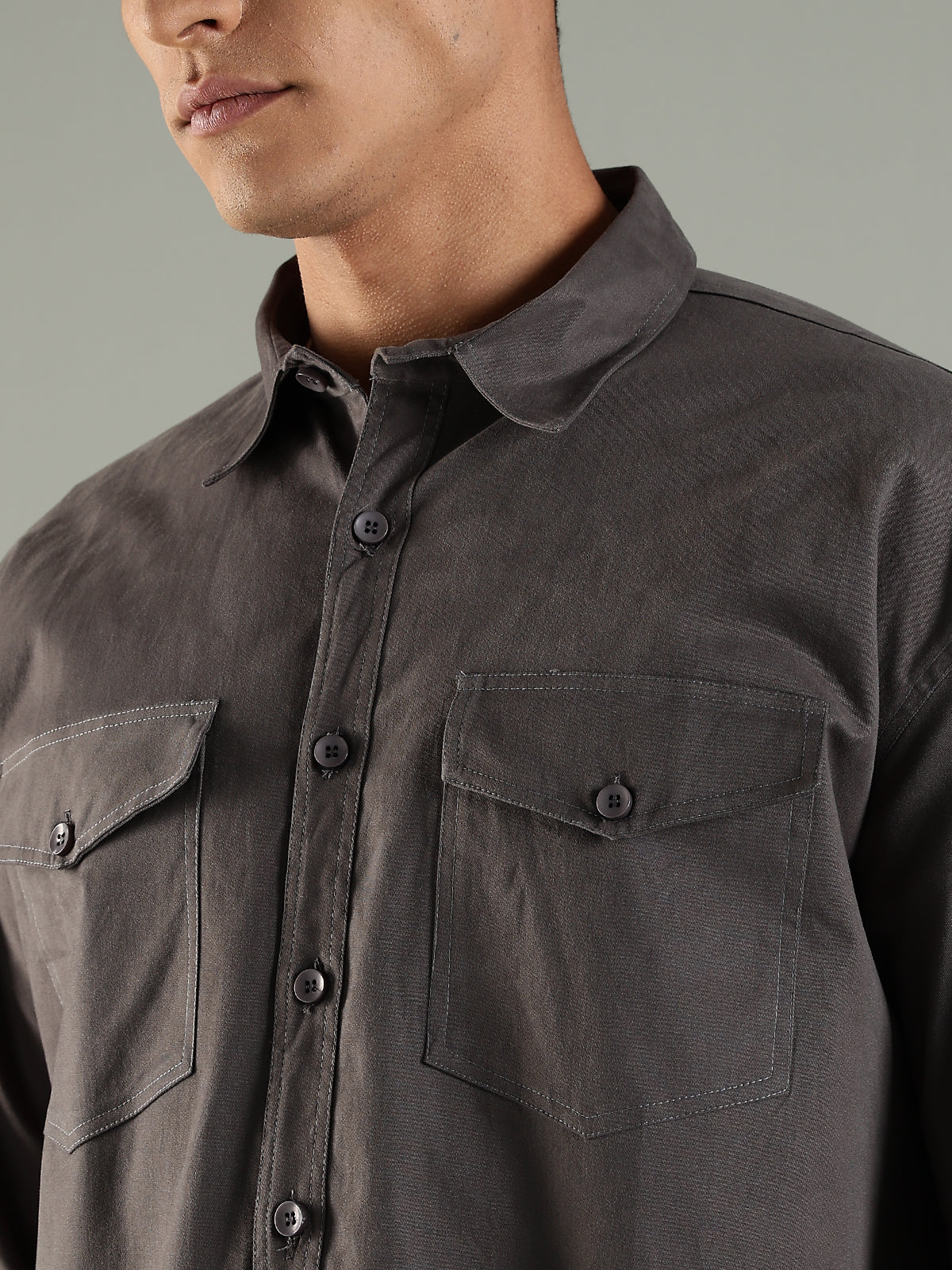 Charcoal Drop Shoulder Double Pocket Utility Shirt Shacket