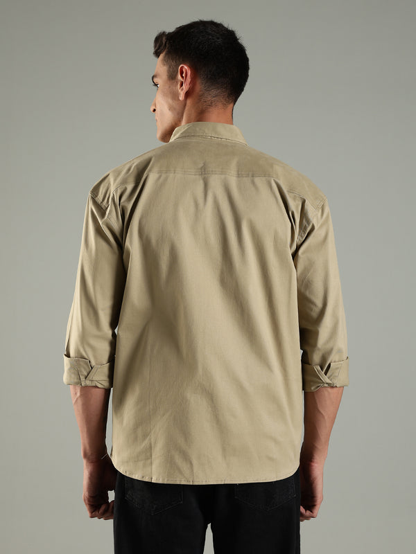 Khaki Drop Shoulder Twin Pocket Utility Shirt Shacket