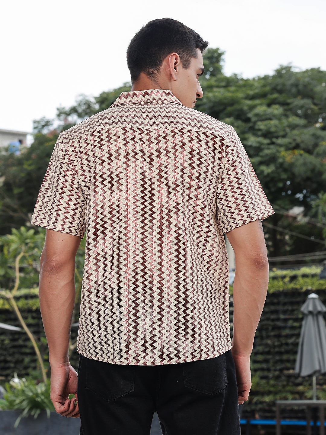Retro Rust Zigzag Crochet Half Sleeve Shirt
