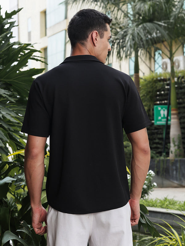 Black Relaxed Fit Textured Half Sleeves Shirt