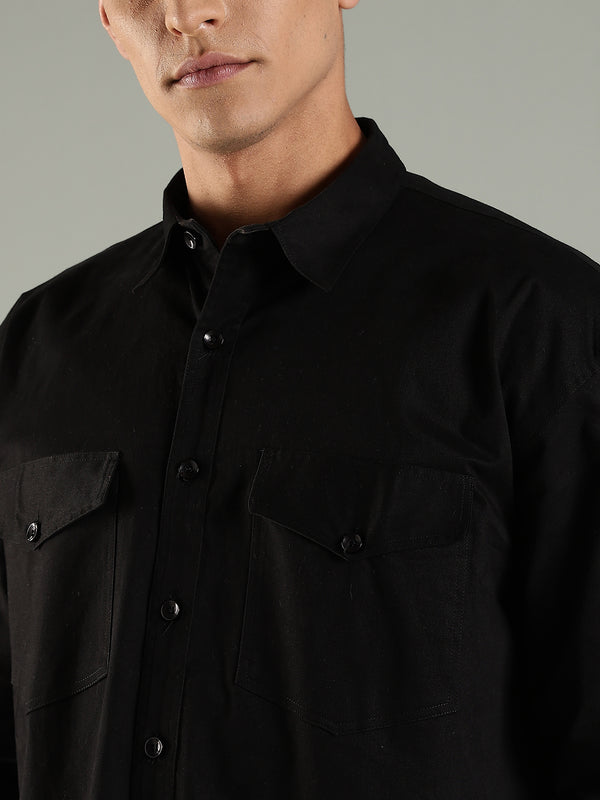 Black Drop Shoulder Double Pocket Utility Shirt Shacket