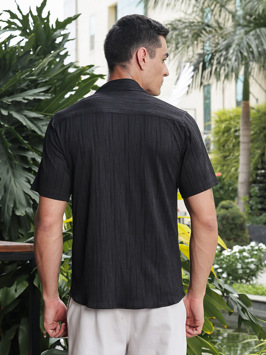 Black Linear Textured Relaxed Fit Half Shirt