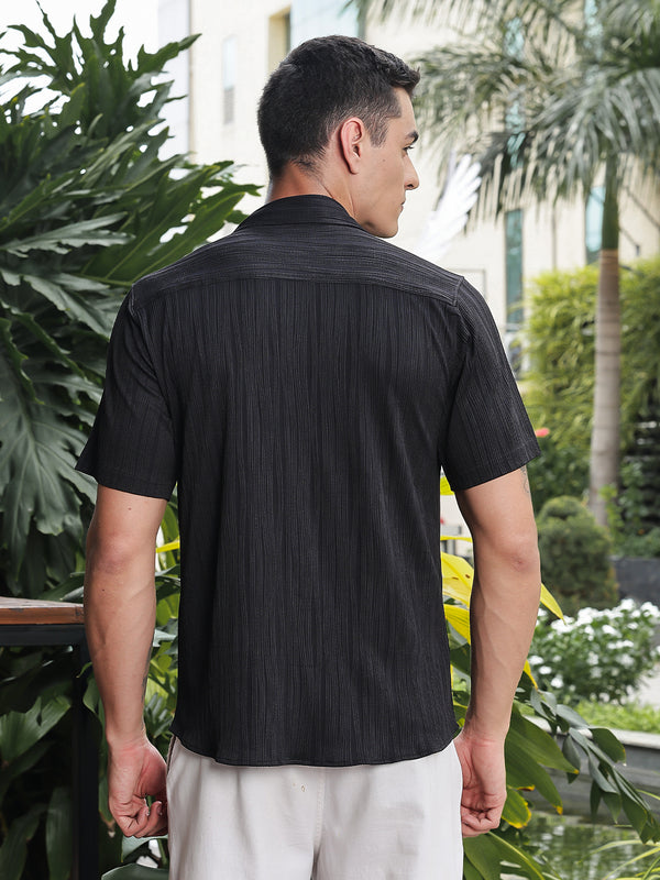 Black Linear Textured Relaxed Fit Half Shirt