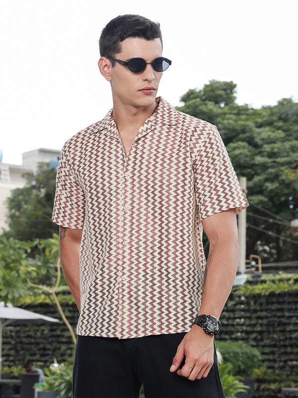 Retro Rust Zigzag Crochet Half Sleeve Shirt