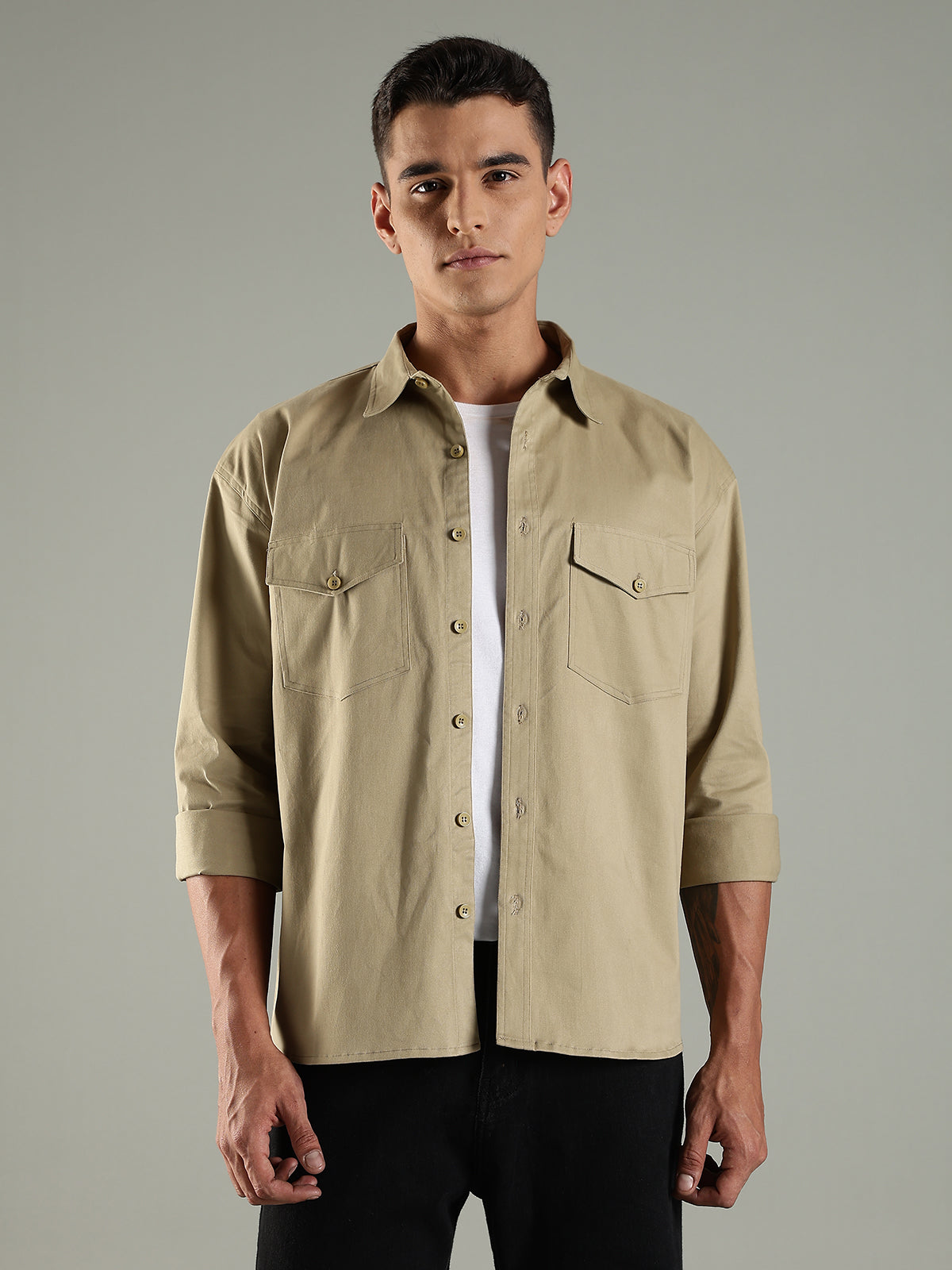 Khaki Drop Shoulder Twin Pocket Utility Shirt Shacket