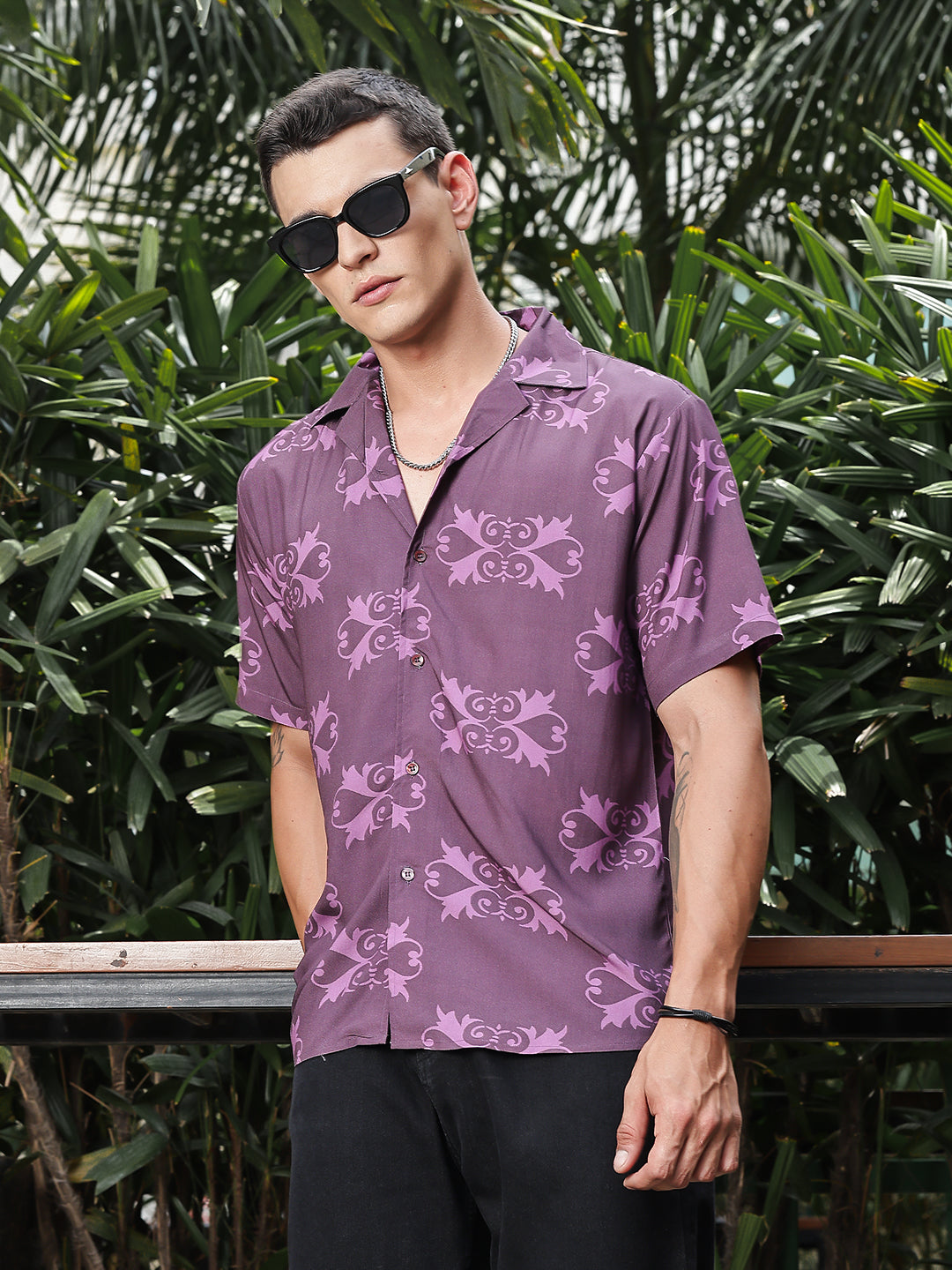 Deep Plum Print Relaxed Fit Half Sleeve Shirt