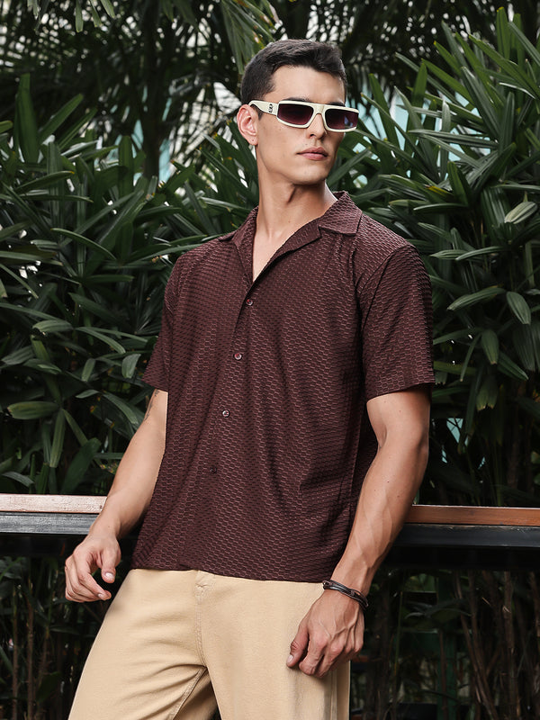 Chestnut Relaxed Fit Textured Half Sleeves Shirt