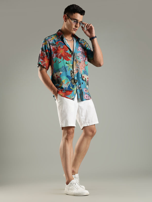 Resort Print Floral Half Sleeves Relaxed Fit Shirt