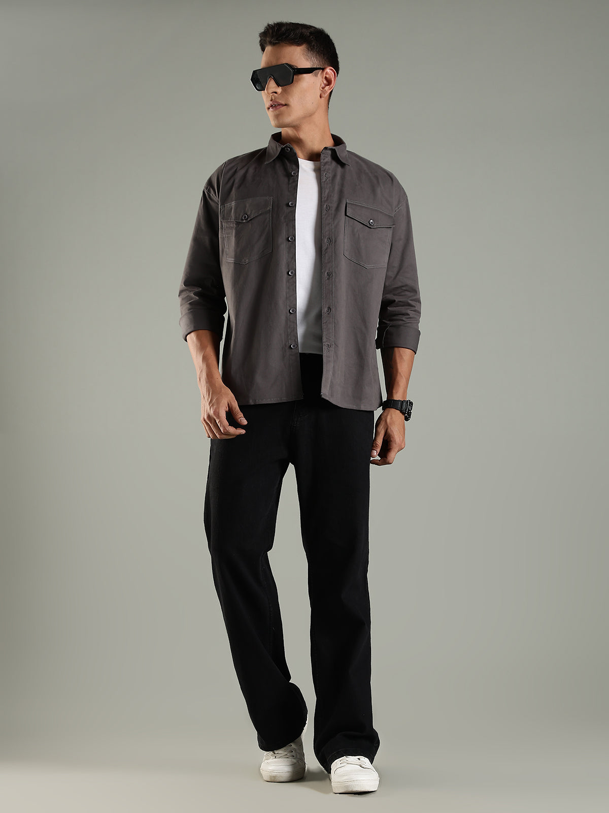 Charcoal Drop Shoulder Double Pocket Utility Shirt Shacket