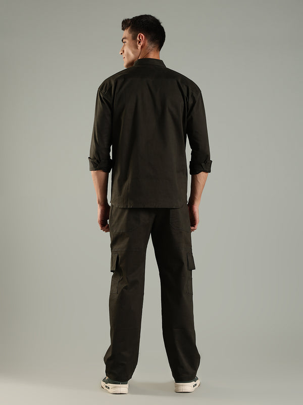 Utility Shirt Shacket & Straight Fit Cargo Pants Co-ord Set - Olive