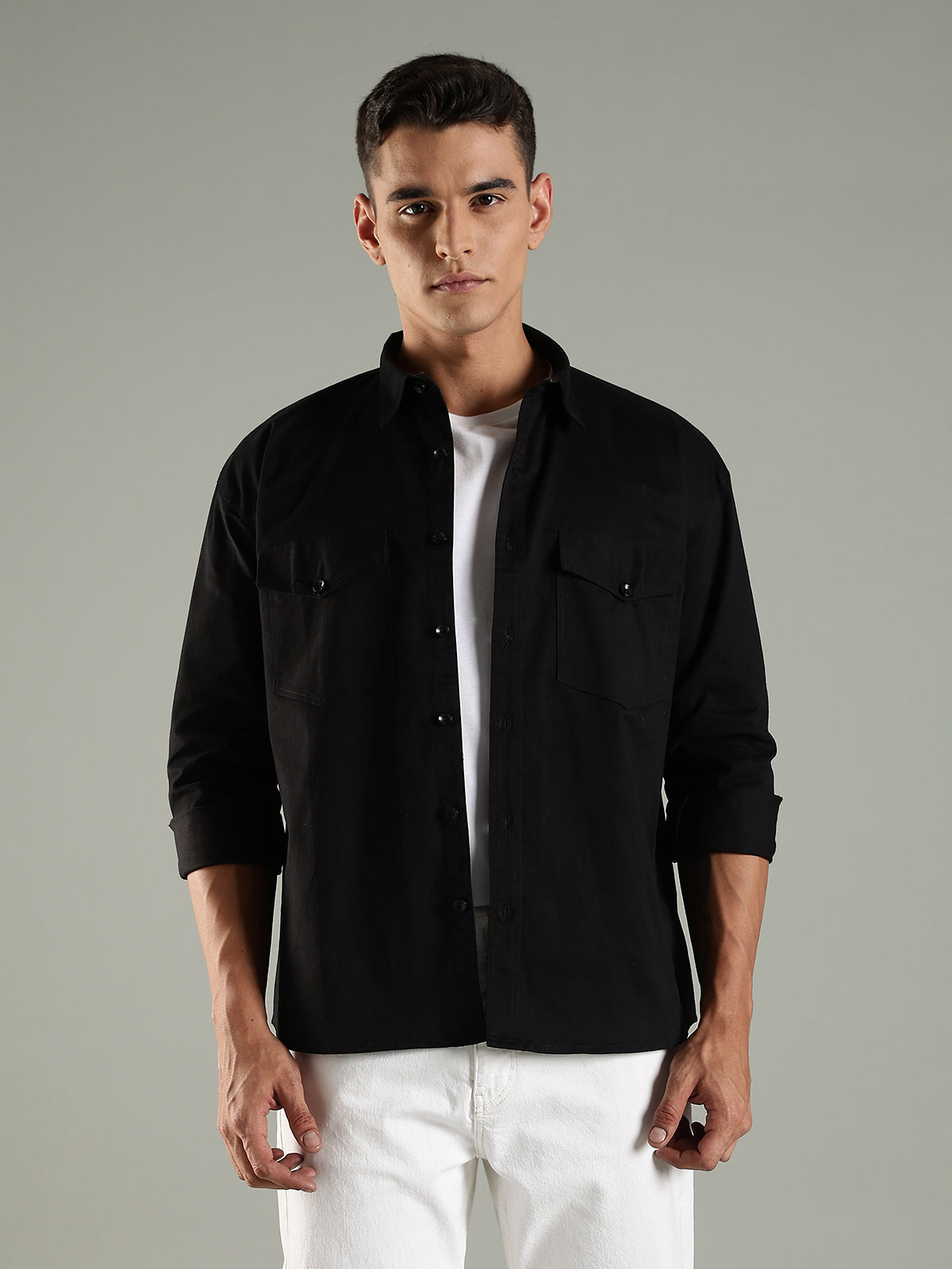 Black Drop Shoulder Double Pocket Utility Shirt Shacket