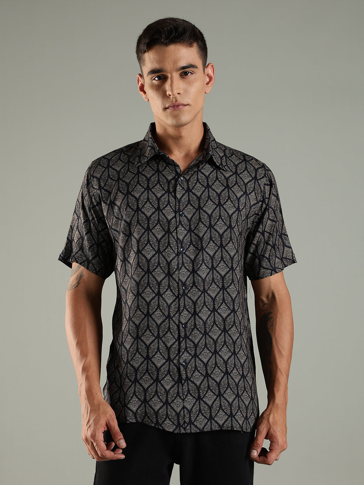Geometric Muse Printed Shirt in Relaxed Fit with Half Sleeves