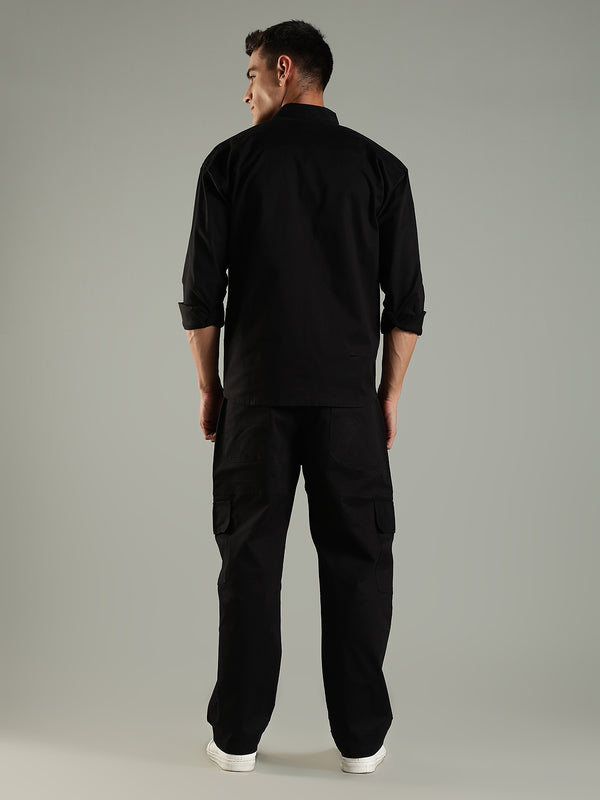 Utility Shirt Shacket & Straight Fit Cargo Pants Co-ord Set - Black