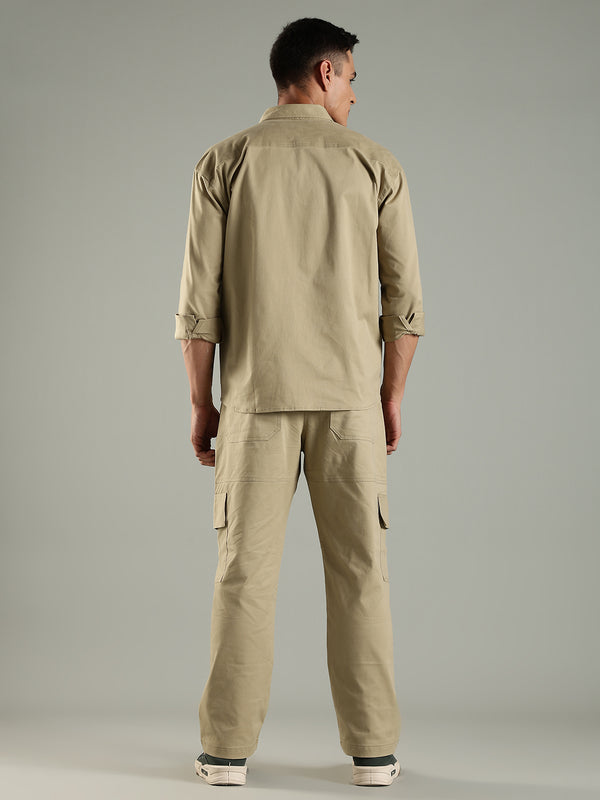 Utility Shirt Shacket & Straight Fit Cargo Pants Co-ord Set - Khaki
