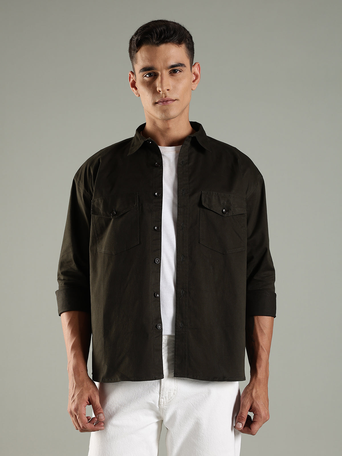 Olive Drop Shoulder Twin Pocket Utility Shirt Shacket
