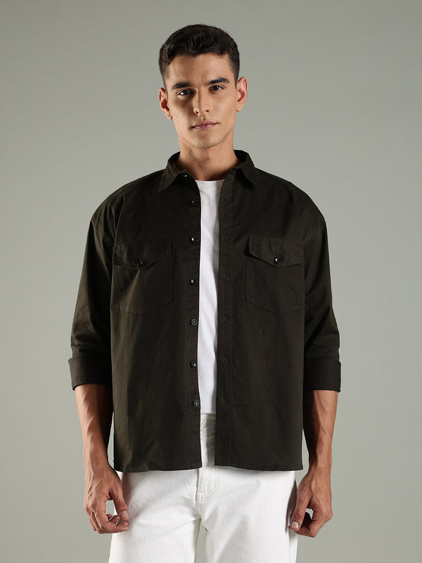 Olive Drop Shoulder Twin Pocket Utility Shirt Shacket