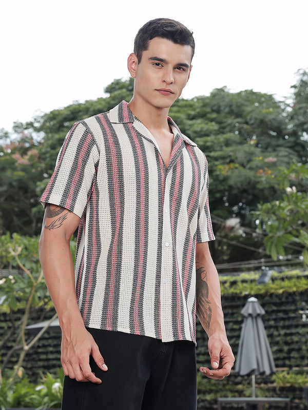 Textured Vertical Weave Relaxed Half Sleeves Shirt