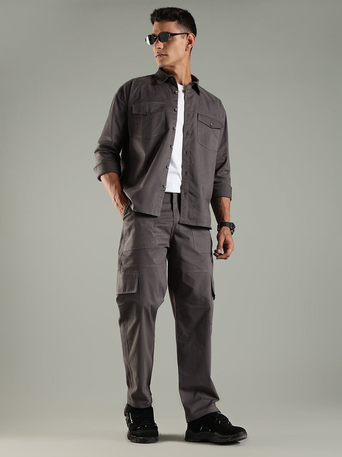 Utility Shirt Shacket & Straight Fit Cargo Pants Co-ord Set - Charcoal