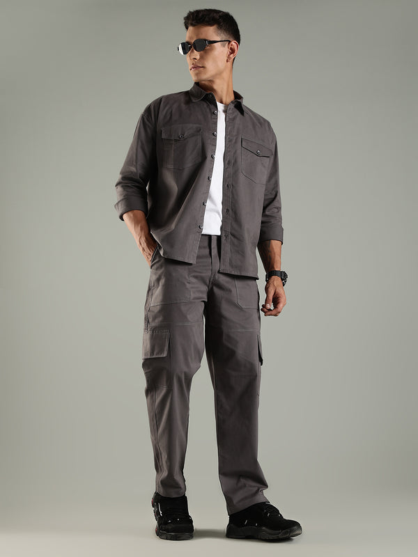 Utility Shirt Shacket & Straight Fit Cargo Pants Co-ord Set - Charcoal