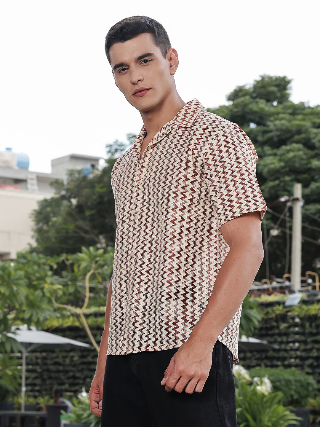 Retro Rust Zigzag Crochet Half Sleeve Shirt