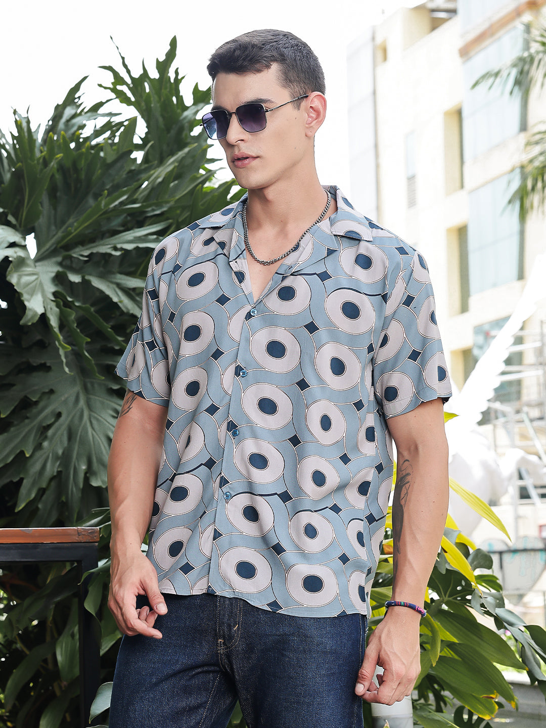 Retro Design Print Relaxed Fit Half Sleeves Shirt