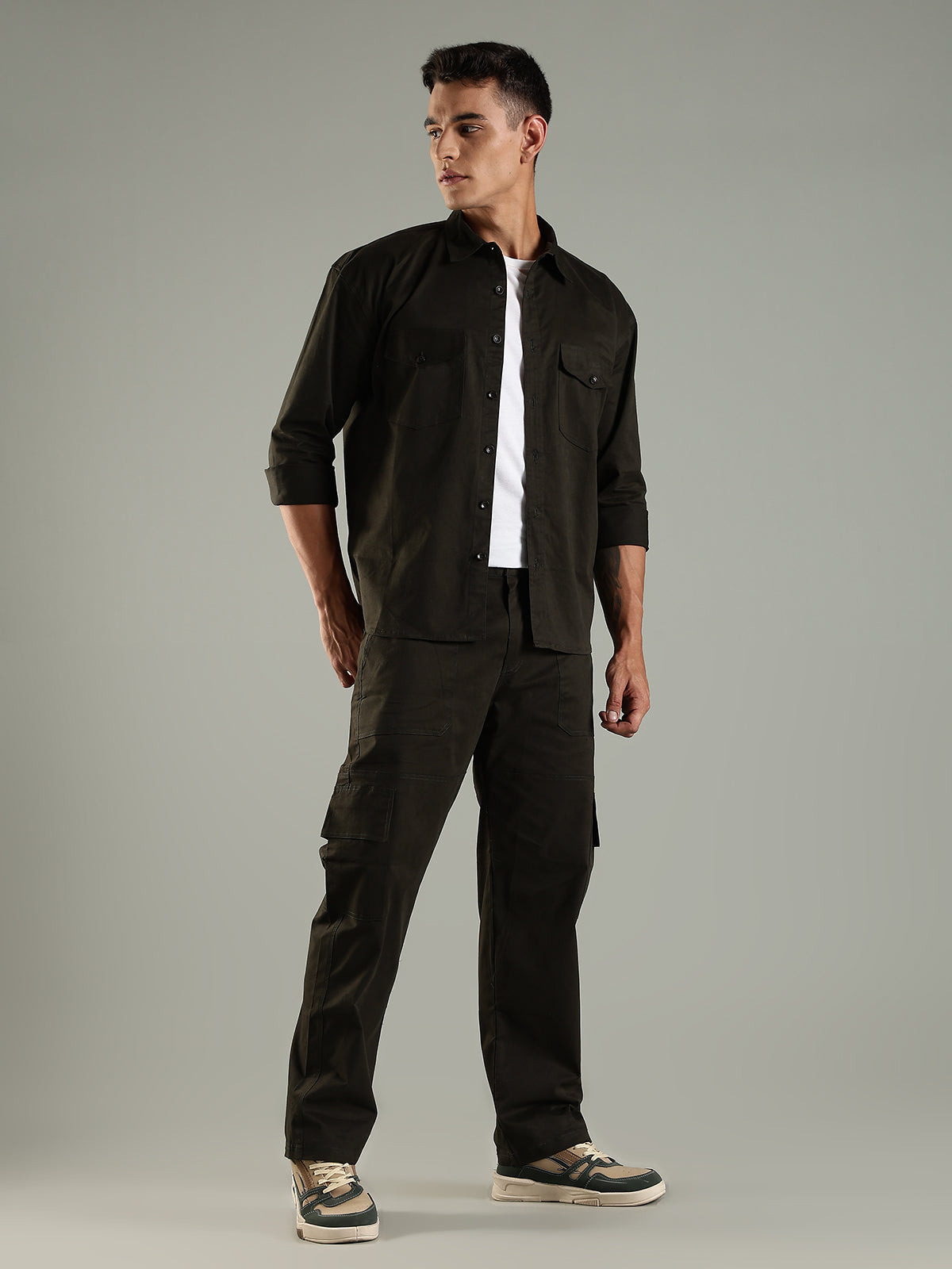 Utility Shirt Shacket & Straight Fit Cargo Pants Co-ord Set - Olive