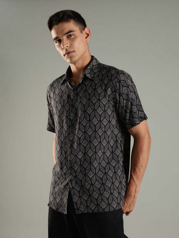 Geometric Muse Printed Shirt in Relaxed Fit with Half Sleeves