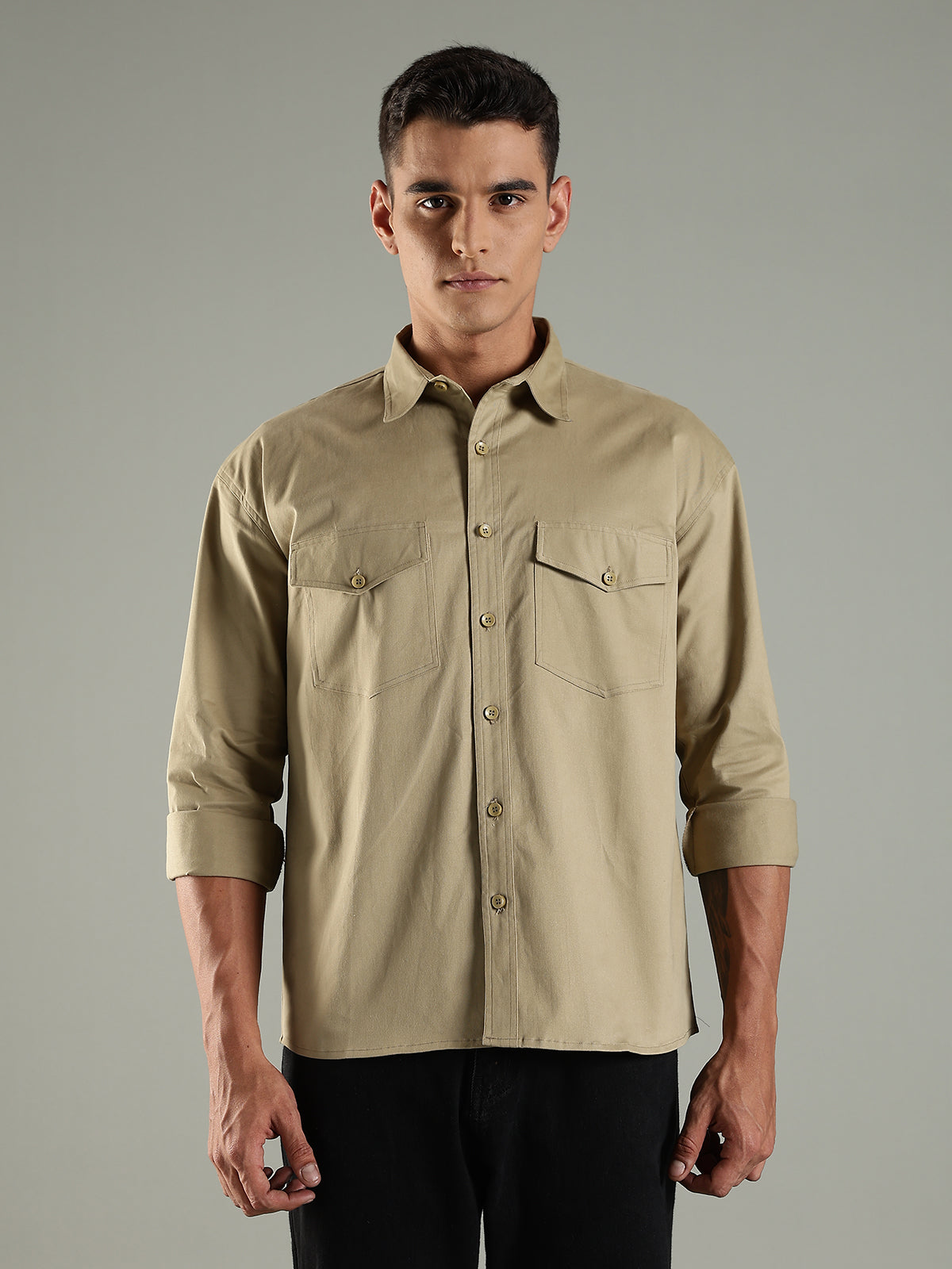 Khaki Drop Shoulder Twin Pocket Utility Shirt Shacket