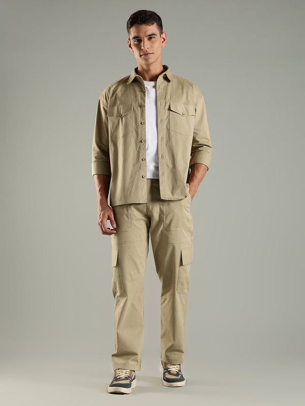 Utility Shirt Shacket & Straight Fit Cargo Pants Co-ord Set - Khaki
