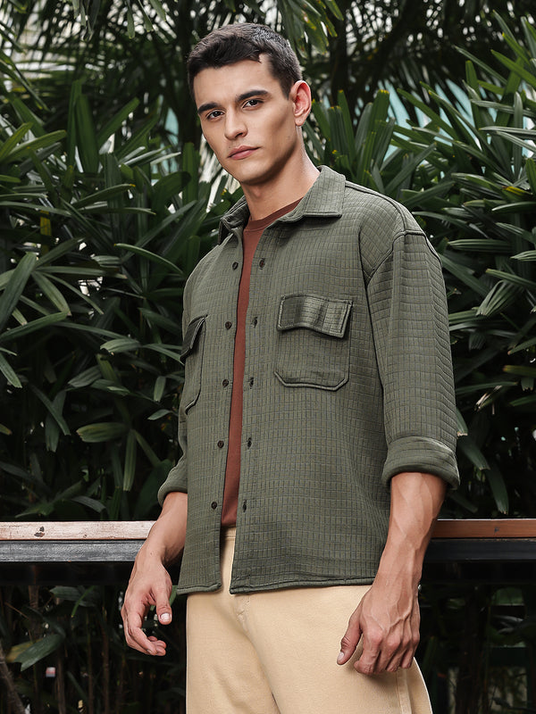 Textured Drop Shoulder Double Pocket Utility Shirt Shacket