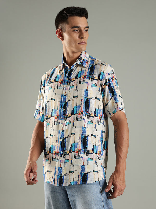 District Art Print Viscose Half Sleeves Relaxed Fit Shirt