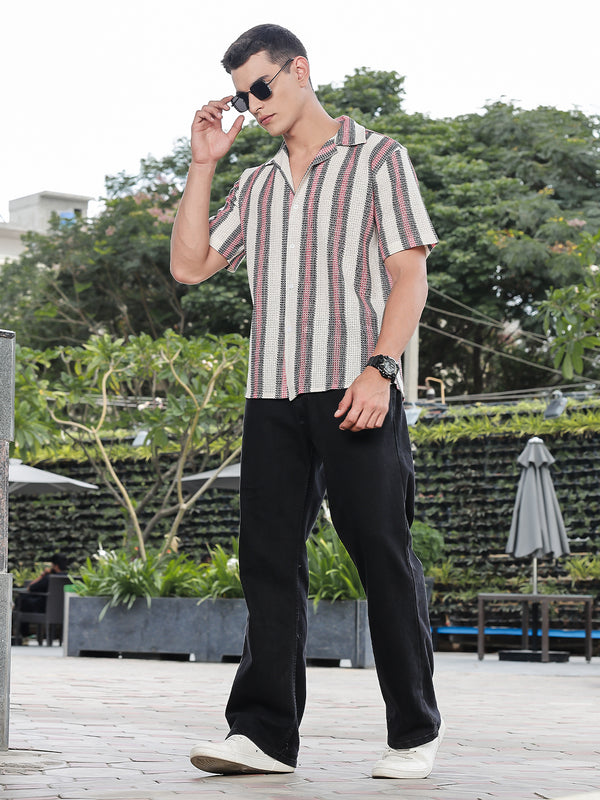 Textured Vertical Weave Relaxed Half Sleeves Shirt