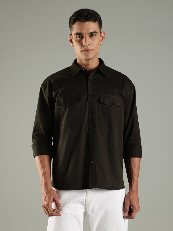 Olive Drop Shoulder Twin Pocket Utility Shirt Shacket