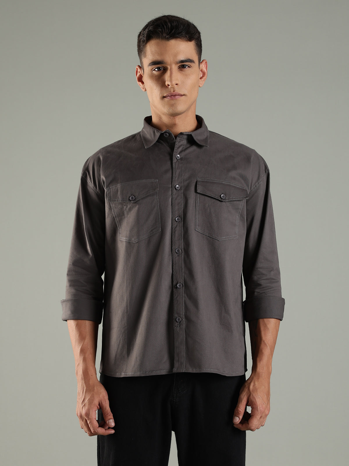 Charcoal Drop Shoulder Double Pocket Utility Shirt Shacket